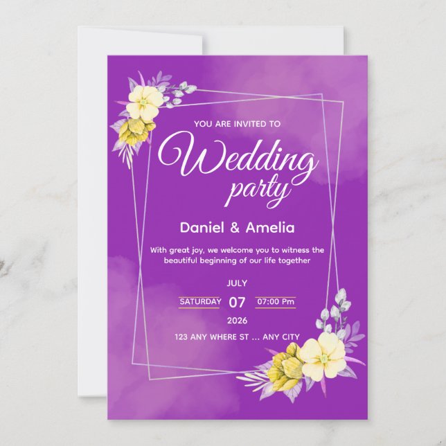 Purple Floral Geometric Wedding Invitation (Front)