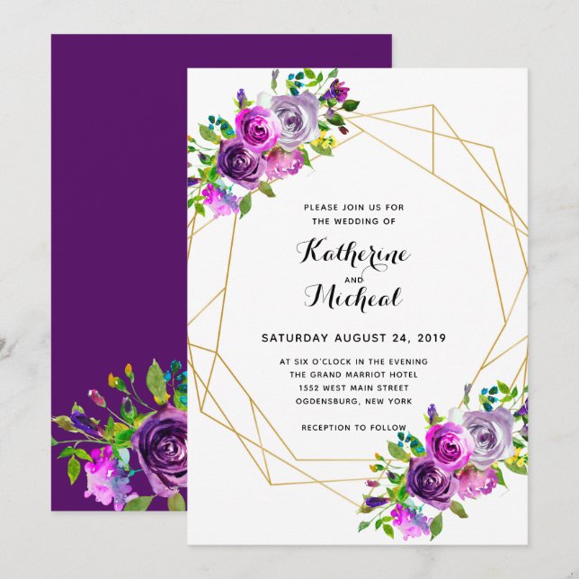 Purple Floral Geometric Wedding Invitation (Front/Back)