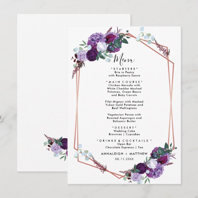 Purple Floral Geometric Wedding Reception Menu (Front/Back)