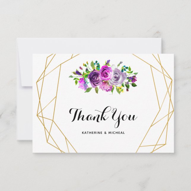 Purple Floral Geometric Wedding Thank You Card (Front)