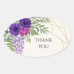 Purple Floral Geometric Wedding Thank You Oval Sticker