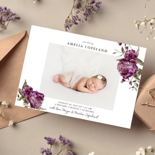 Purple Floral Girl Baby Photo Birth Announcement (Creator Uploaded)