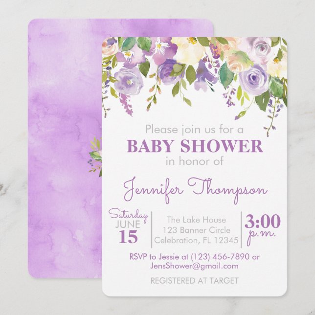 Purple Floral Girl Baby Shower Invitation (Front/Back)