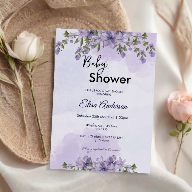 Purple Floral Girl Baby Shower Invitation (Purple Floral Girl Baby Shower Invite)