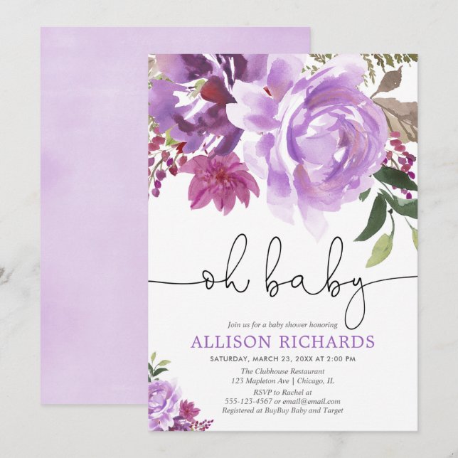 Purple floral girl baby shower, summer spring invitation (Front/Back)