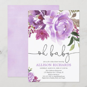 Purple floral girl baby shower, summer spring invitation