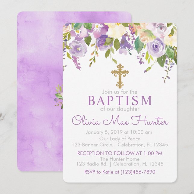 Purple Floral Girl Baptism Invitation (Front/Back)