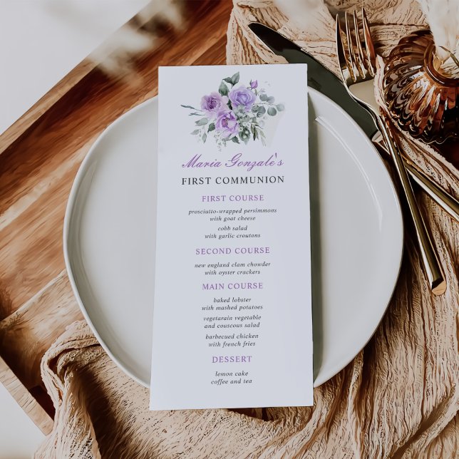 Purple Floral Girl First Holy Communion Menu (Creator Uploaded)