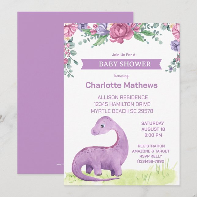 Purple Floral Girls Dinosaur Baby Shower  Invitation (Front/Back)