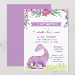 Purple Floral Girls Dinosaur Baby Shower Invitation