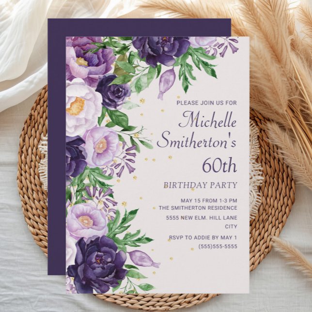 Purple Floral Glitter 60th Birthday Invitation (Elegant purple watercolor floral women's 60th birthday party invitation)