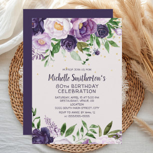 Purple Floral Glitter 80th Birthday Invitation
