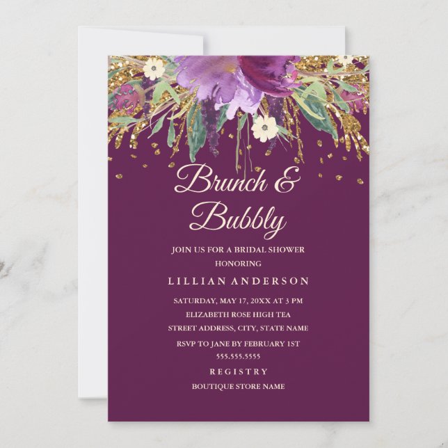 Purple Floral Glitter Amethyst Brunch and Bubbly Invitation (Front)