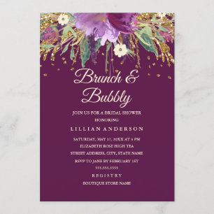 Purple Floral Glitter Amethyst Brunch and Bubbly Invitation