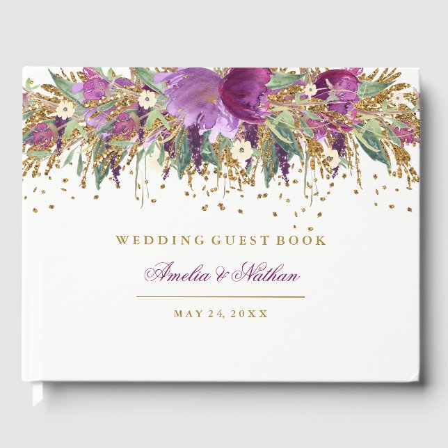 Purple Floral Glitter Amethyst Wedding Guest Book (Front)