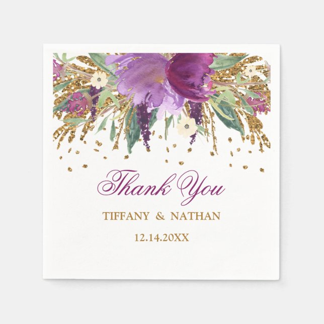 Purple Floral Glitter Amethyst Wedding Napkin (Front)