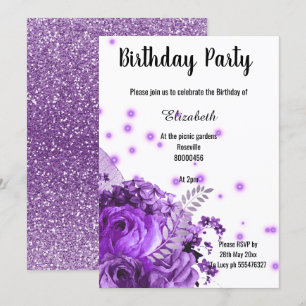 PURPLE FLORAL GLITTER BIRTHDAY INVITATION
