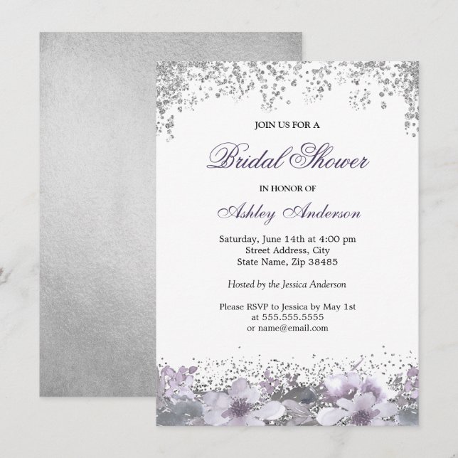 Purple Floral Glitter Bridal Shower Invitation (Front/Back)