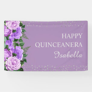 Purple Floral Glitter Happy Quinceañera Name Banner