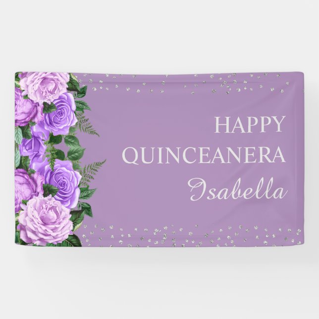 Purple Floral Glitter Happy Quinceañera Name  Banner (Horizontal)