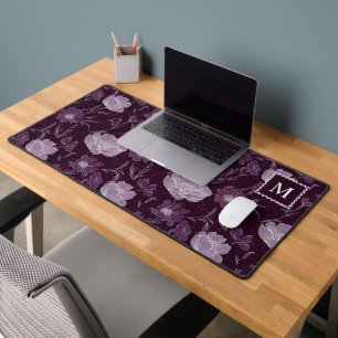 Purple Floral Glitter Pattern Monogram Desk Mat