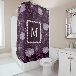 Purple Floral Glitter Pattern Monogram Shower Curtain