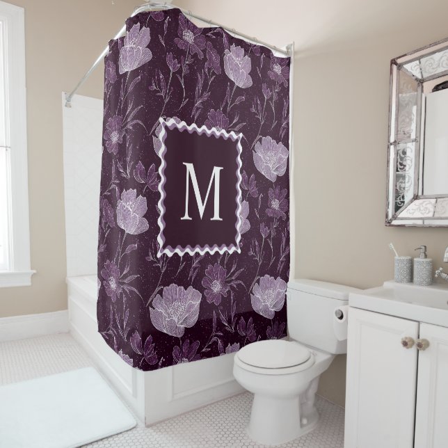 Purple Floral Glitter Pattern Monogram Shower Curtain (In Situ)