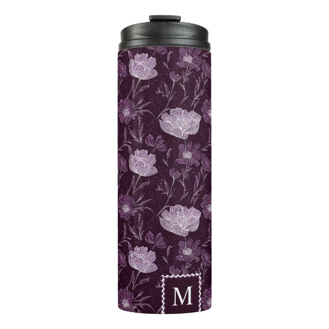 Purple Floral Glitter Pattern Monogram Thermal Tumbler (Front)