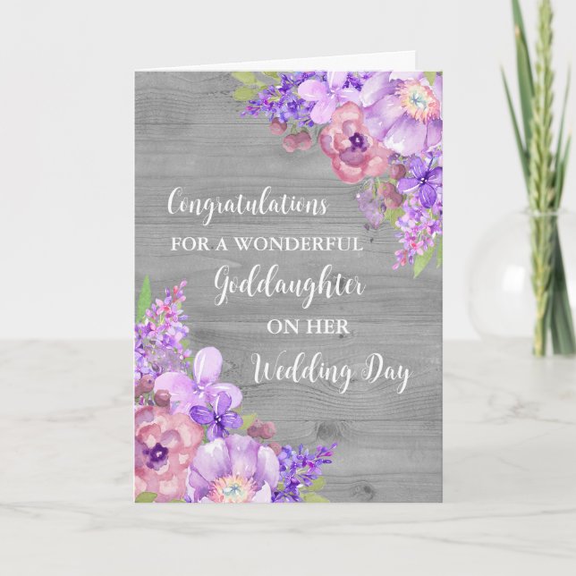 Purple Floral Goddaughter Wedding Day  Card (Front)