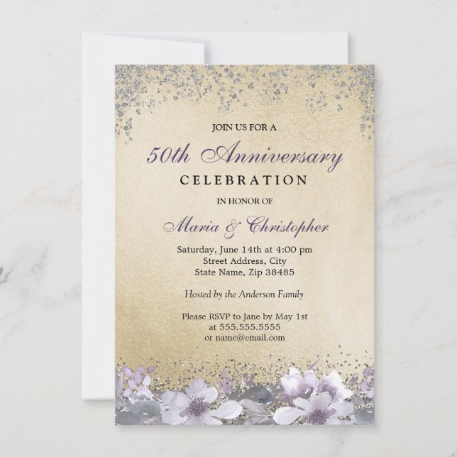 Purple Floral Gold 50th Wedding Anniversary Invite (Front)