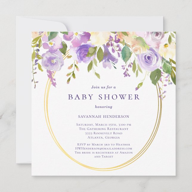 Purple Floral Gold Accents Neutral Baby Shower  Invitation (Front)