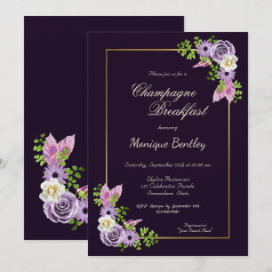 Purple Floral Gold Border Champagne Breakfast Invitation