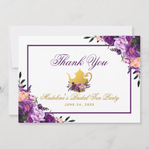 Purple Floral Gold Bridal Tea Party Thank You Card