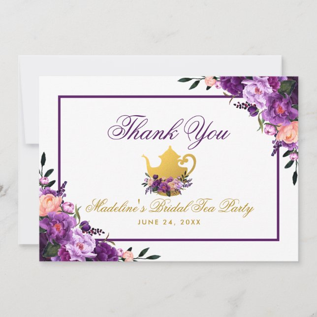 Purple Floral Gold Bridal Tea Party Thank You P (Front)
