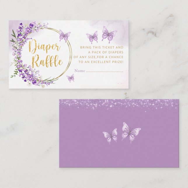 Purple floral gold Butterfly diaper raffle ticket  Enclosure Card (Front/Back)
