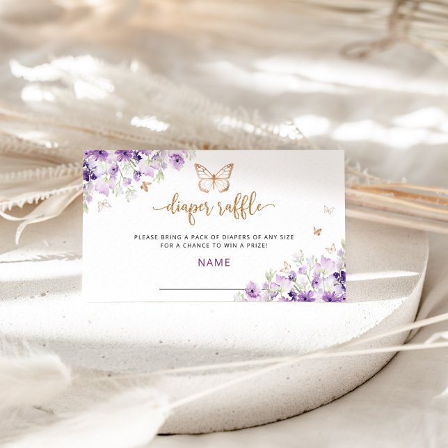 Purple floral gold Butterfly diaper raffle ticket Enclosure Card (Creator Uploaded)