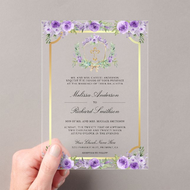 Purple Floral Gold Catholic Cross Wedding Acrylic Invitations (Insitu (Handheld))