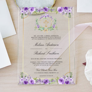 Purple Floral Gold Catholic Cross Wedding Acrylic Invitations