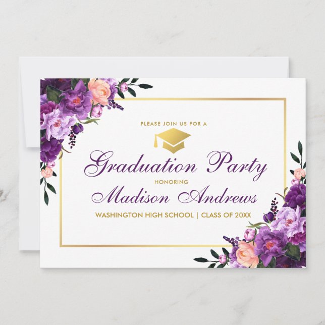 Purple Floral Gold Frame Graduation Party Invite (Front)