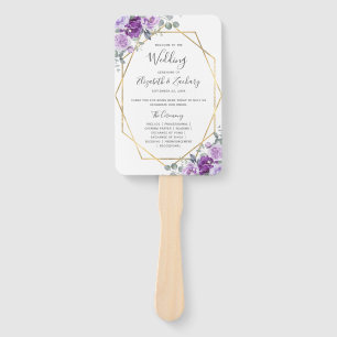 Purple Floral Gold Frame Wedding Program Hand Fan