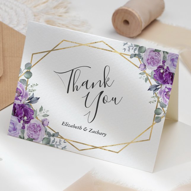 Purple Floral Gold Frame White Wedding Thank You Card (Creator Uploaded)