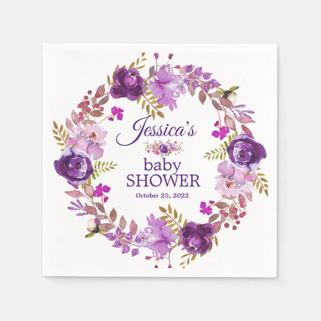 Purple Floral Gold glitter Baby Shower Paper Napkin (Front)