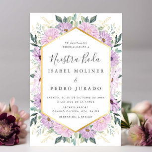 Purple Floral Gold Leaves Nuestra Boda Wedding Invitation
