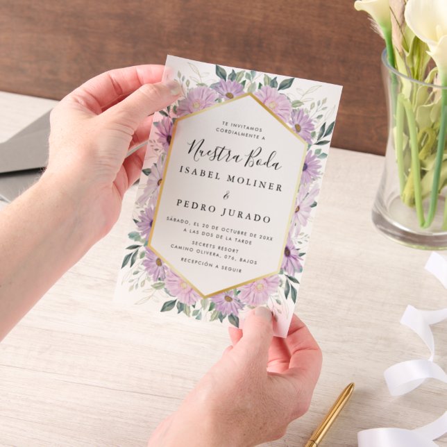 Purple Floral Gold Leaves Nuestra Boda Wedding Vellum Invitations (Handheld)