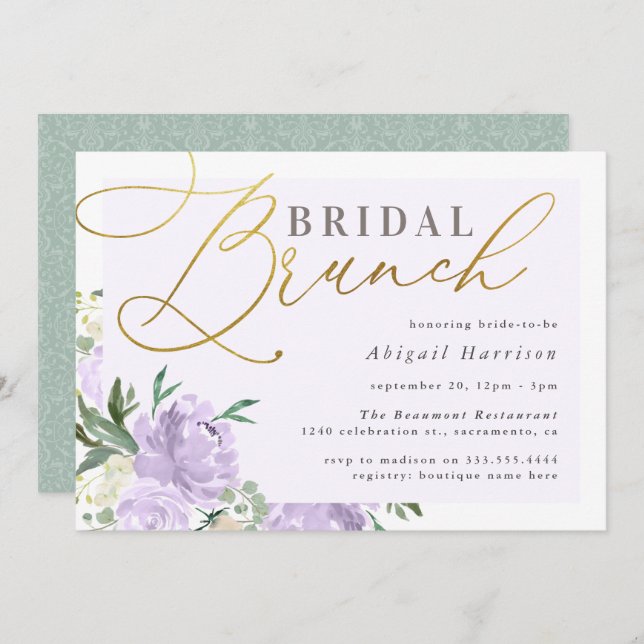 Purple Floral Gold Script Lavender Bridal Brunch Invitation (Front/Back)