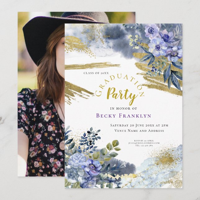 Purple Floral/Gold Splashes/Photo/Graduation Invitation (Front/Back)