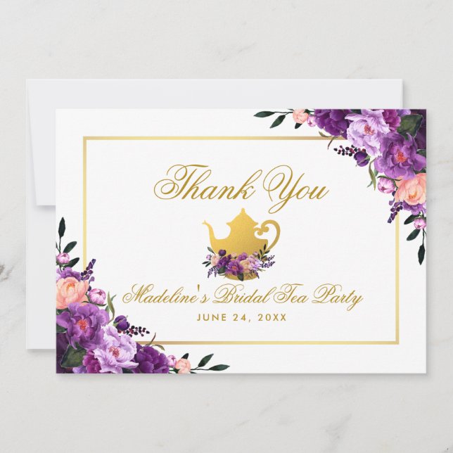Purple Floral Gold Thank You Bridal Tea Party P (Front)