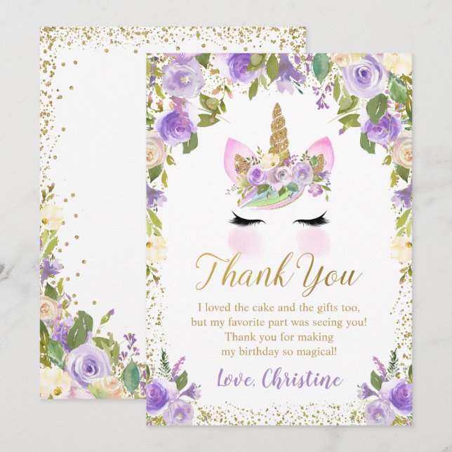 Purple Floral Gold Unicorn Birthday Thank You Card (Front/Back)