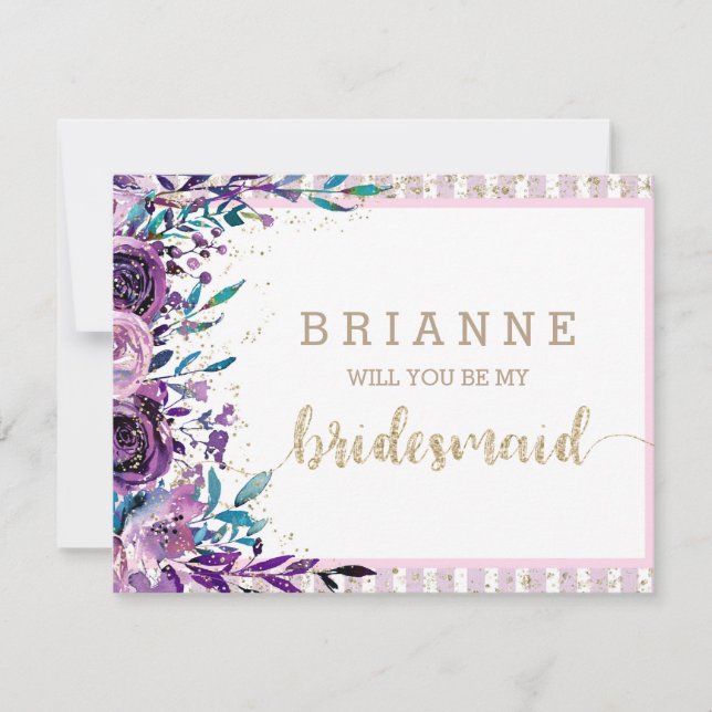 Purple Floral & Gold Will You Be My Bridesmaid Invitation (Front)
