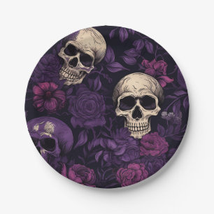 Purple Floral Goth Skull Halloween Paper Plate